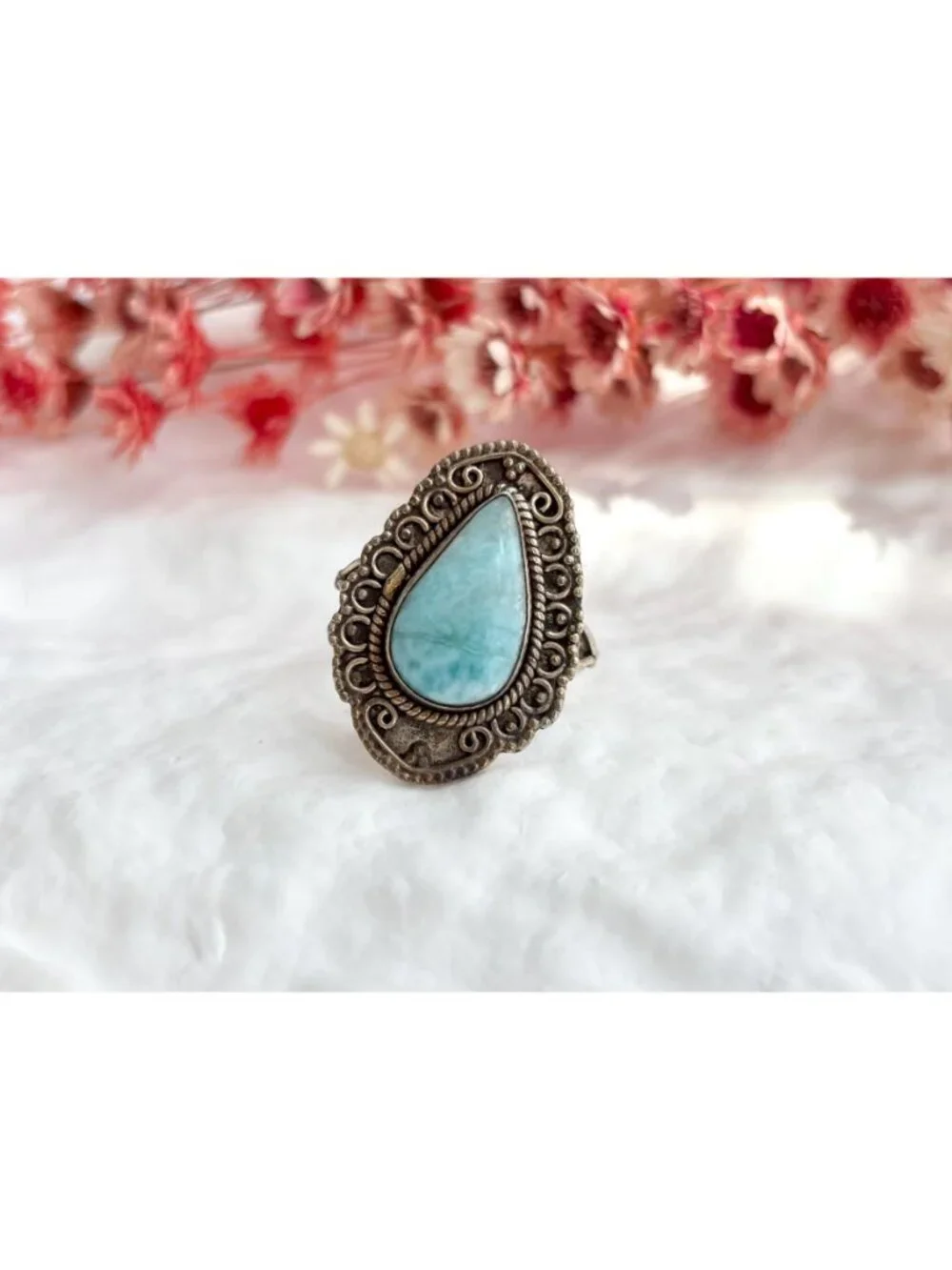 Blue Larimar Gemstone Scalloped Oxidized Sterling Silver 925 Vintage Ring - sz 8